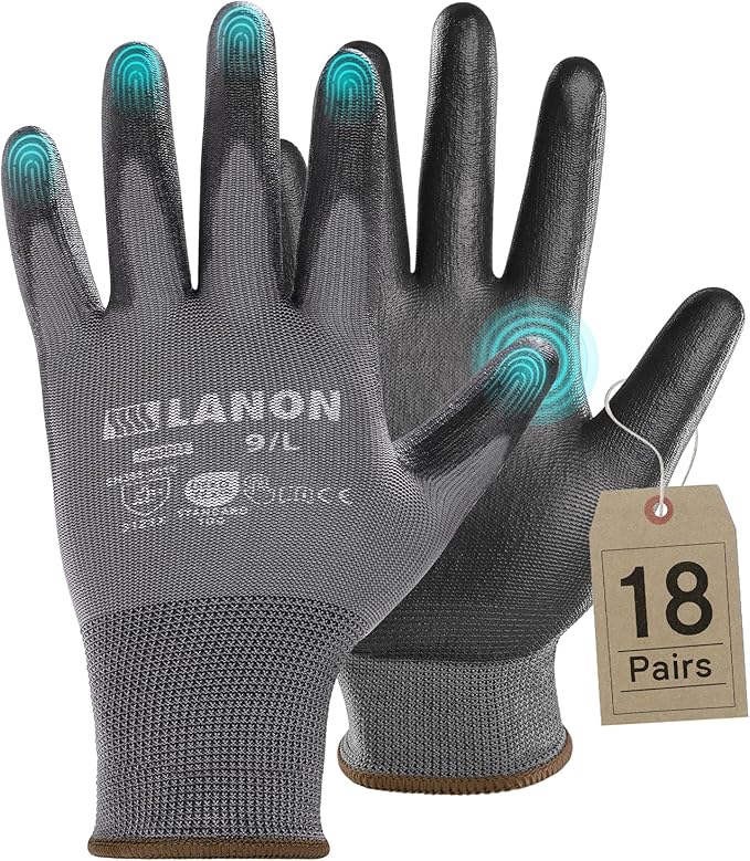 LANON 18 Pairs Safety Work Gloves, Mechanic Working Gloves for Men,Breathable PU Coated, Seamless Knit,Double Wash, Grey, Large-VerdiqueGarden