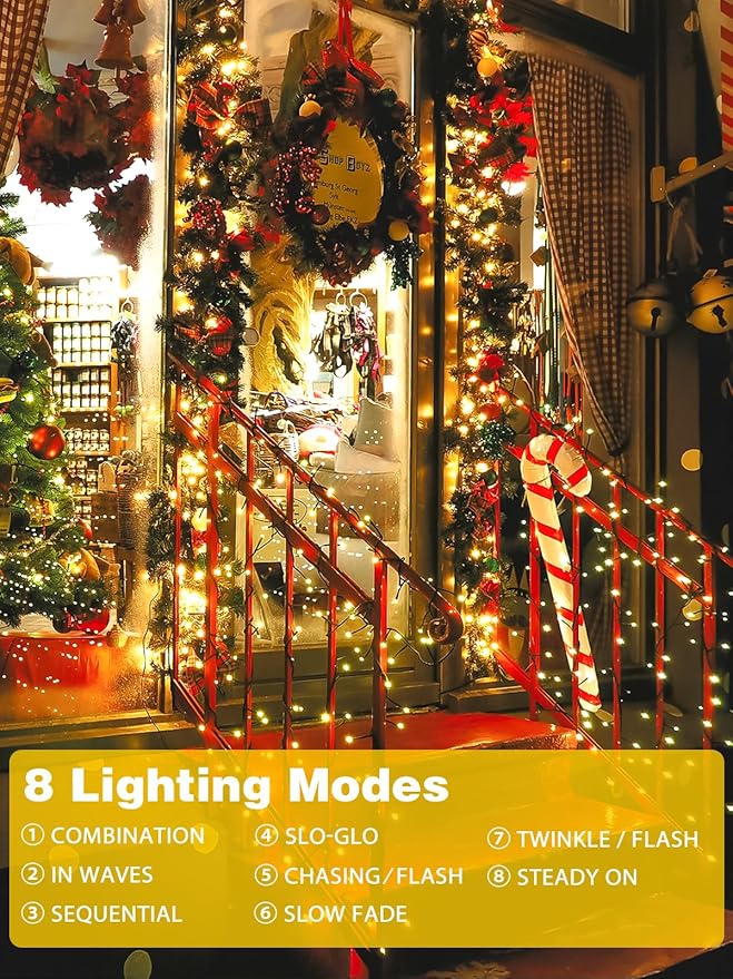 2 Pack 200 LED Solar String Lights for Outside, Solar Christmas Lights Outdoor Waterproof, Solar Outdoor String Light with 8 Lighting Modes for Xmas Tree Wedding Party Garden Decorations (Warm White)-VerdiqueGarden
