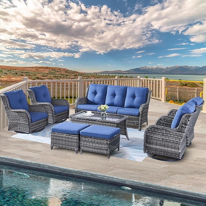 Wicker Patio Furniture Sets - 8 Piece Rattan Outdoor Furniture Conversation Sets with 4 Swivel Rocker Chairs, Rattan Sofa, Wicker Ottomans and Coffee Table, Mixed Grey/Blue-VerdiqueGarden