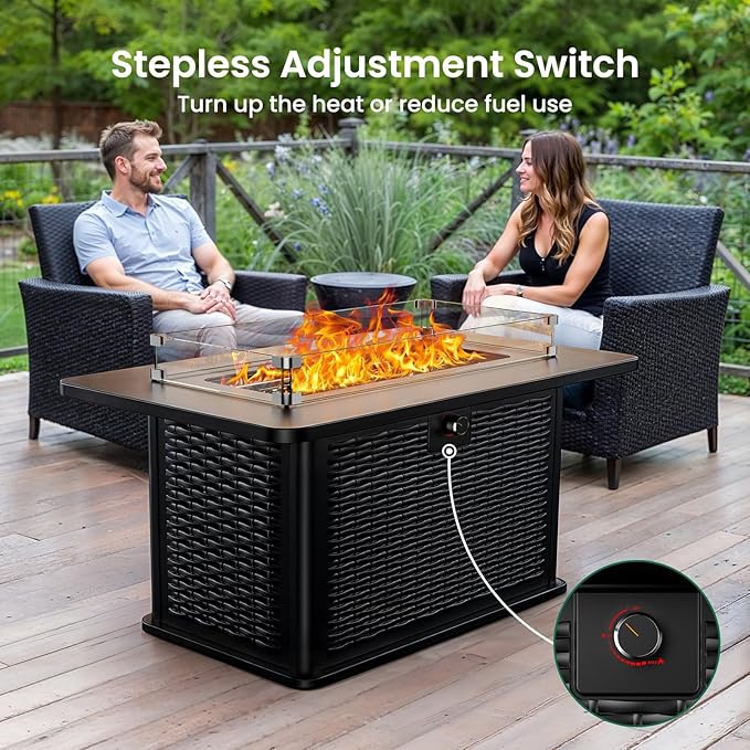 Ciays 43-Inch Rectangular Propane Fire Pit with 60,000 BTU Output, Fire Pit Table Premium Gas for Outside Patio with 304 Stainless Steel H-Burner, Glass Stones, and Wind Guard,Black-VerdiqueGarden