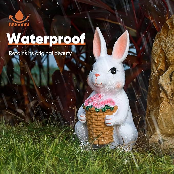 Brightever Solar Powered Garden Statues- Bunny Figurines for Spring & Easter Decor, Outdoor Rabbit Statue with Colorful LED Lights for Patio, Balcony, Lawn, Birthday Gifts for Women, Mom, Grandma-VerdiqueGarden