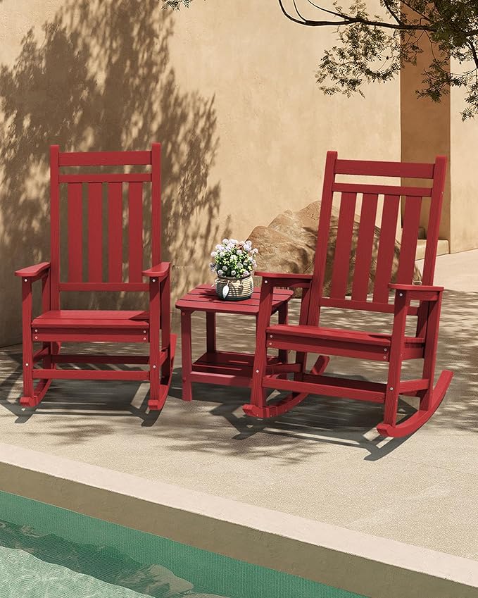 SERWALL Outdoor Rocking Chair Set of 2, HDPE Rocking Chairs for Adult, All Weather Porch Rockers for Lawn Garden, Crimson Red-VerdiqueGarden