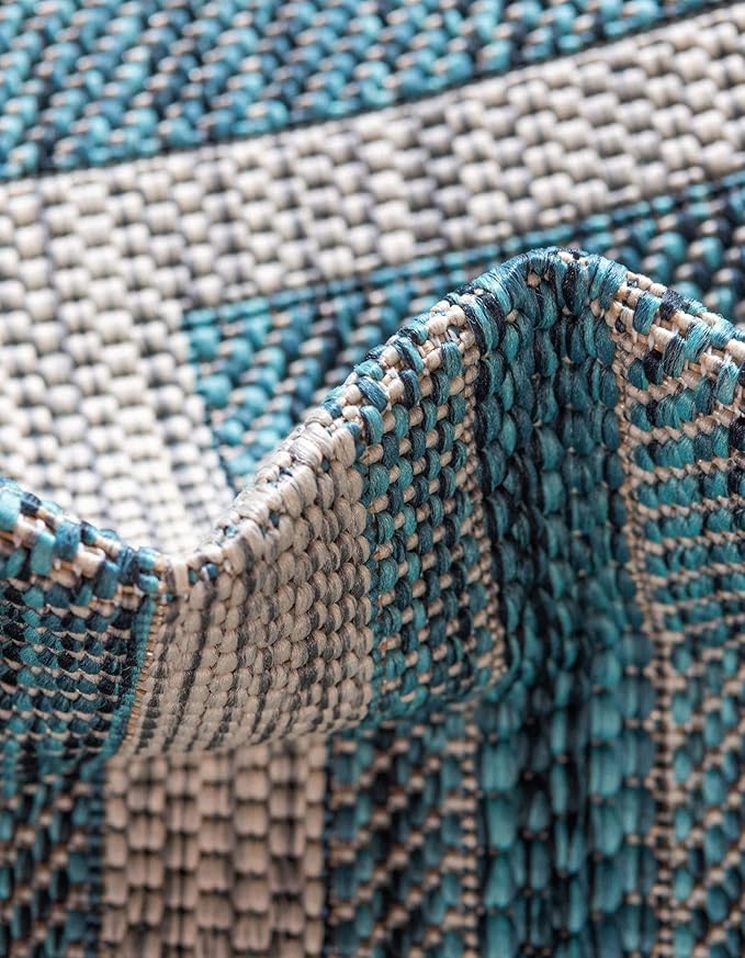 Unique Loom Outdoor Border Collection Area Rug - Soft Border (12' Square Teal/Ivory)-VerdiqueGarden