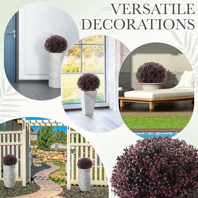Yunlly 4 Pack 18" Artificial Boxwood Ball Bush Topiary Trees Fake Outdoor Plants, Realistic UV Resistance Faux Shrubs with Spike Greenery Topiary for Front Porch Garden Yard Patio Indoor (Dark Purple)-VerdiqueGarden