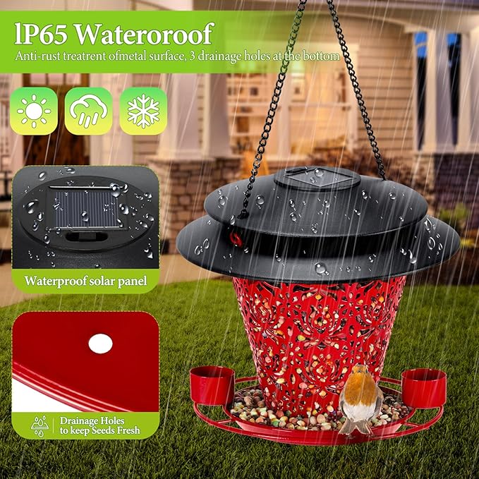 Solar Bird Feeders for Outside Hanging Metal Wild Bird Feeder Solar Lanterns Outdoor Waterproof Garden Decor for Yard red-VerdiqueGarden