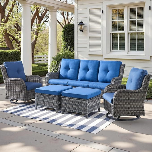 Outdoor Wicker Patio Furniture Set - 5 Piece Rattan Patio Conversation Set with 2 Rocking Swivel Chairs,2 Ottomans and 1 Sofa for Porch Deck Backyard Garden(Mixed Grey/Blue)-VerdiqueGarden