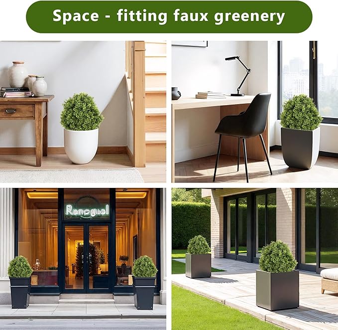 THE BLOOM TIMES 2ft Faux Boxwood Plants Outdoor Set of 2, Topiary Balls Artificial Outside Trees, 24" UV Resistant Fake Greenery Bushes & Shrubs for Front Porch Planter-VerdiqueGarden