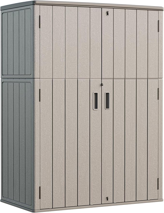 HOMSPARK Outdoor Storage Shed Weather Resistance, Patio Storage Cabinet Lockable Resin Tool Shed for Storage of Bike, Trash Cans, Garden Tools (Shallow Coffee, 66 Cu.ft)-VerdiqueGarden