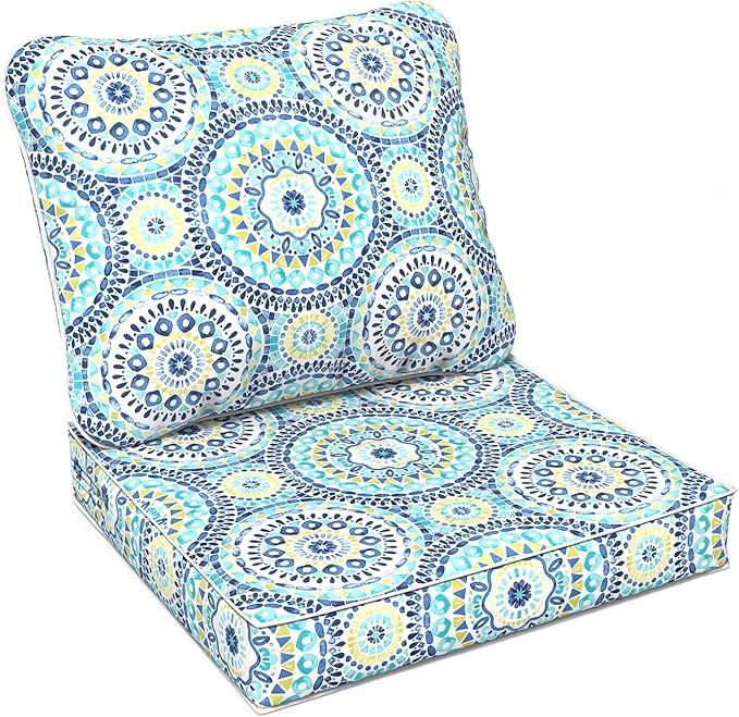 LVTXIII Outdoor Deep Seat Cushion Patio Seat and Back Cushion Set Seasonal Chair Cushion with Removable Cover and Adjustable Buckle for Home and Garden, 24"x24"x4", Delancey Lagoon-VerdiqueGarden
