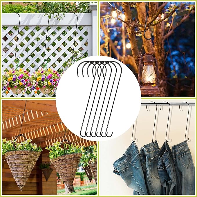 8 Pack 24 Inch Large Tree Branch Hooks Long S Hooks for Hanging Plants, Bird Feeder Hook for Tree, Metal Garden Hooks for Hanging Baskets, Plants, Lanterns Outdoor and Indoor Uses (Black)-VerdiqueGarden