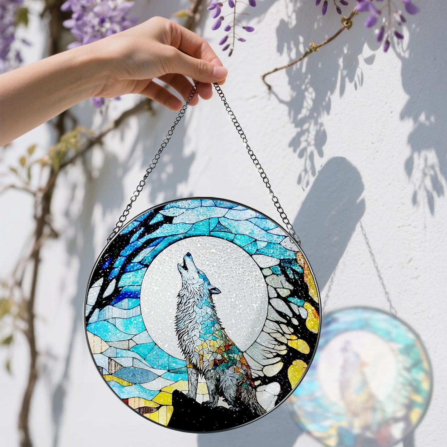 Stained Glass Window Hanging, Stained Glass Suncatcher, Wolf Sun Catcher, Window Decor, Wolf Lover Gift, Gifts for Fathers Day, Christmas or Birthday Gift, Gifts for Men Him Dad Grandfather Son-VerdiqueGarden