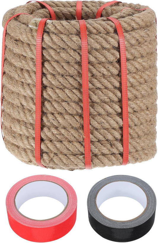 MECCANIXITY Jute Rope 1 Inch x 66ft, Thick Twine Rope Ropes Braided Jute Twine Natural Brown Burlap Cord String Heavy Twisted with Tapes for Decorative Crafts Railing Swing Tug of War-VerdiqueGarden