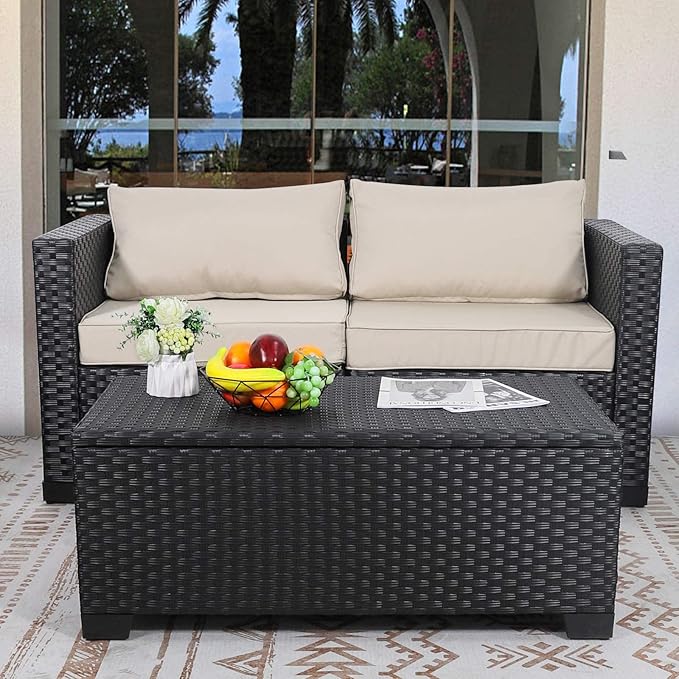 Rattaner Patio Coffee Table with Storage Wicker Outdoor Coffee Table and All-Weather Wicker Side Table with Waterproof Cover, Black-VerdiqueGarden