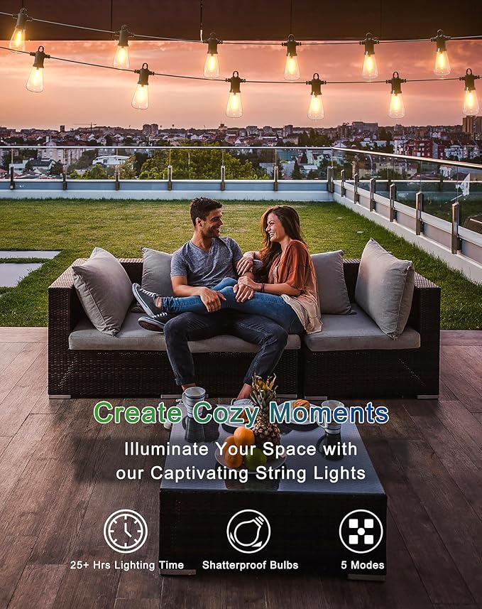 Solar String Lights Outdoor Waterproof 50FT with USB Port and 27 Shatterproof ST38 Bulbs(2 Spare), LED Solar Powered Patio Lights for Outside, Porch, Backyard, Bistro, Garden, Market - 2200K-VerdiqueGarden