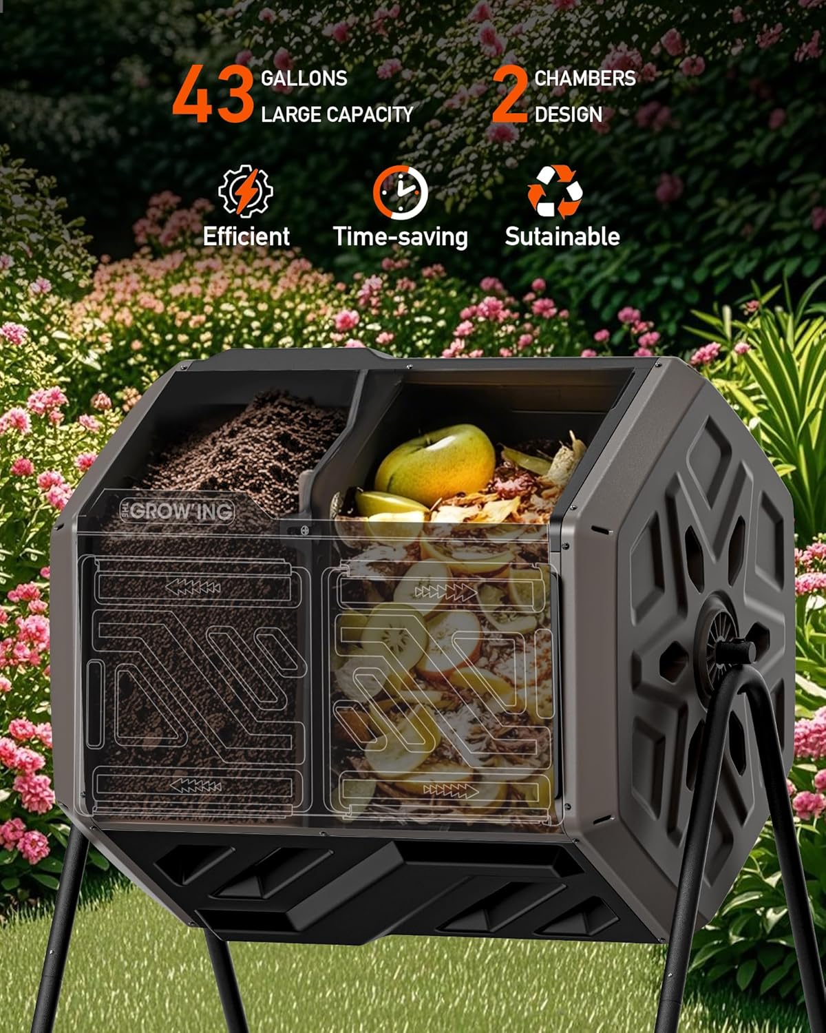 THEGROW'ING Updated 43 Gallon Compost Bin Outdoor, Fast Assemble Tumbling Composter, Dual Chamber Composter Tumbler, Rotating Compost Bin for Outside, Backyard, Garden and Yard, Coffee-VerdiqueGarden