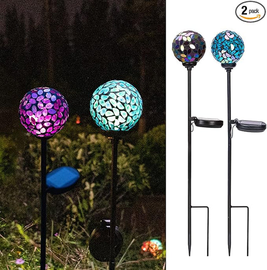 VCUTEKA Solar Garden Decorative Lights Outdoor, Mosaic Solar Light Waterproof LED Pathway Stake Light for Landscape Patio Yard Deck Walkway Decoration, 2 Pack （Blue&Purple）-VerdiqueGarden