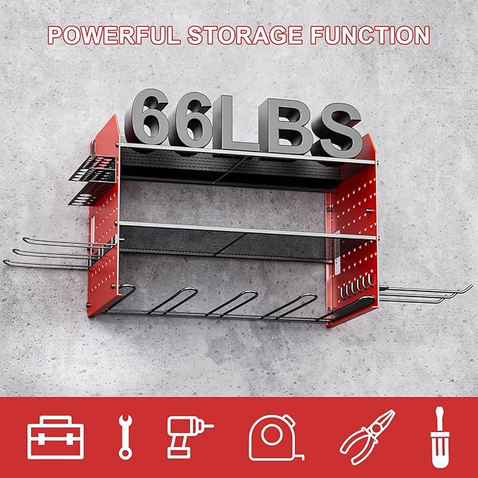 Power Tool Organizer with Charging Station, 6 Drill Holder Wall Mount, 3 Layer Garage Tool Organizer with Hooks, Screwdriver, Drill Bit Rack, Heavy Duty Utility Shelf for Garage, Gifts for Men-VerdiqueGarden