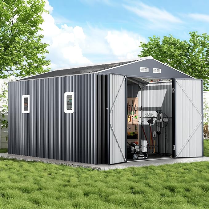 12x10 FT Metal Sheds & Outdoor Storage: Heavy Duty Garden Sheds with Dual Transparent Panels, DIY-installable Windows & Lockable Doors, Weatherproof Tool Shed for Backyard, Garden, Patio, Grey-VerdiqueGarden