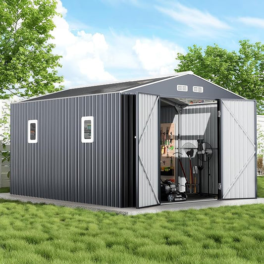 12x10 FT Metal Sheds & Outdoor Storage: Heavy Duty Garden Sheds with Dual Transparent Panels, DIY-installable Windows & Lockable Doors, Weatherproof Tool Shed for Backyard, Garden, Patio, Grey-VerdiqueGarden