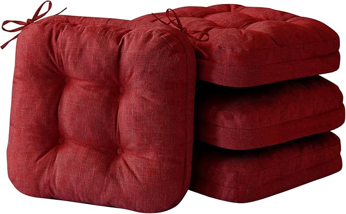 Chair Cushions for Dining Chairs, Dining Chair Cushions, Tufted Indoor Chair Pads with Ties & Non Slip Backing, Seat Cushions for Kitchen Chairs 16.5” x 16.5” x 3.5”, Set of 4, Red-VerdiqueGarden