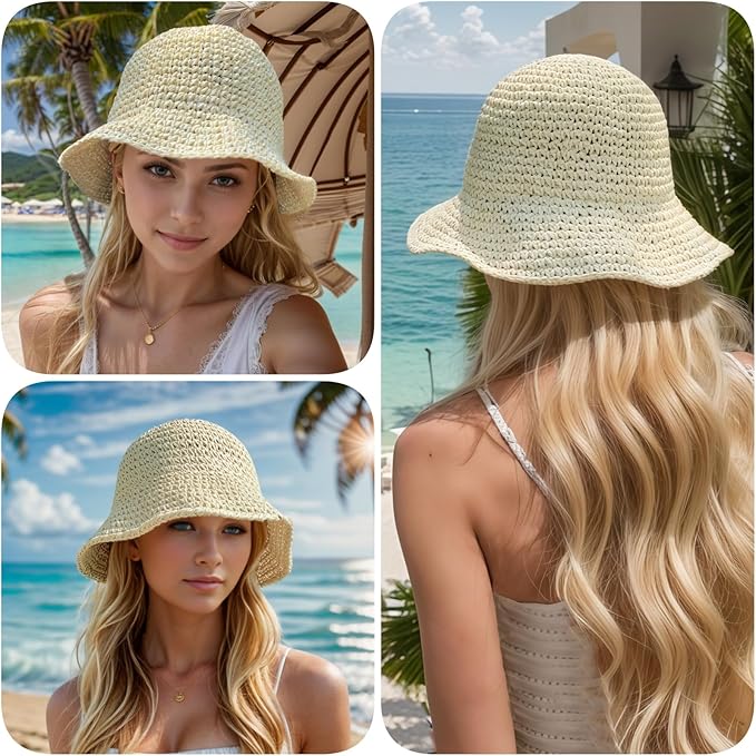 Floppy Big Beach Straw Hats for Women Foldable Summer Wide Brim Packable Sun Hat Womens Travel Straw Fedora Hat-VerdiqueGarden