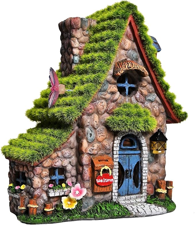 ASAWASA Resin Fairy House Statues with Solar Powered Lights, Funny Garden Sculptures with Flocked and Cobblestone Decor, Exquisite Garden Cottage Figurines-VerdiqueGarden
