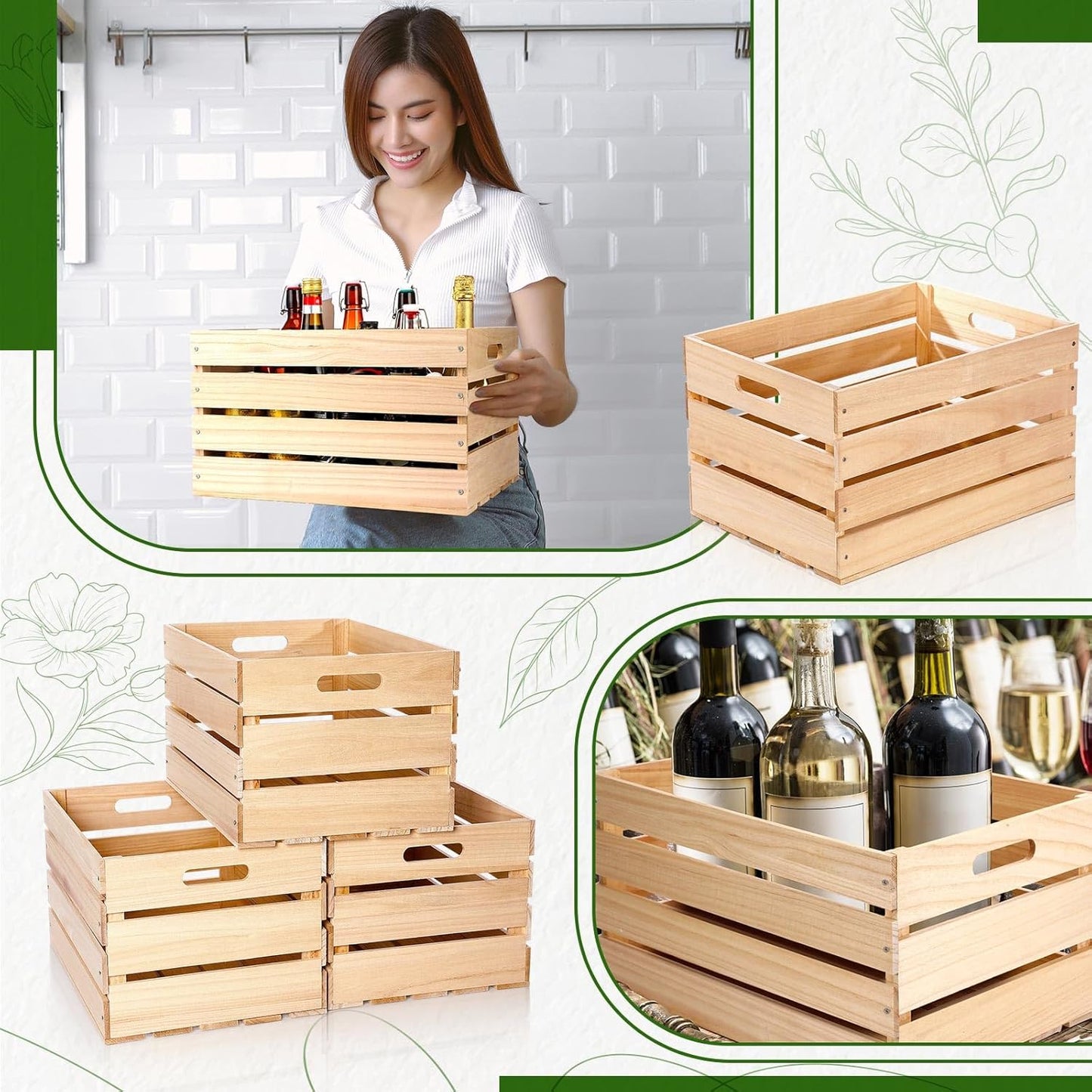 Weysat 3 Pack Large Wood Crates Box for Storage Unassembled 16 x 12 x 9.5'' Wooden Milk Crates with Handles Decorative Nesting Box for Display Unfinished Rustic Decor DIY Office Home Retail Art Craft-VerdiqueGarden