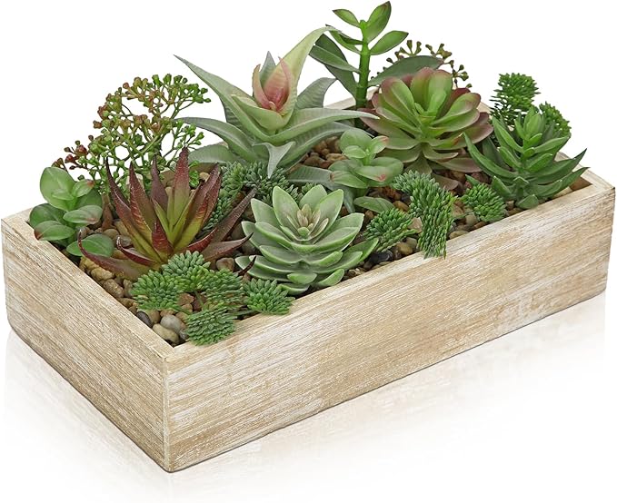 Artificial Succulent Plants in Pot 10 Inch Fake Succulent Arrangement Potted Succulents Plants Centerpiece in Rectangular Wooden Planter for Home Office Desk Shelf Living Room Bedroom Farmhouse Decor-VerdiqueGarden