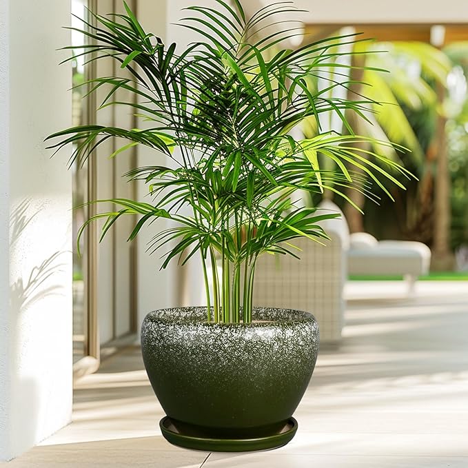 10 Inch Planter Pot - Ceramic Pots for Plants with Drainage Hole and Saucer, Round Large Flower Pot for Indoor Plants, Dark Green-VerdiqueGarden