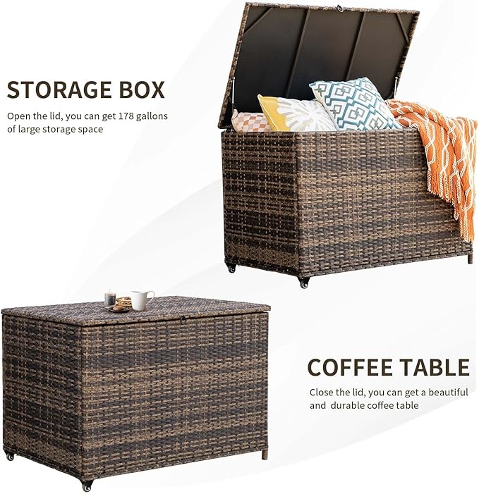 178 Gallon Outdoor Storage Box, Handle Large Portable Wicker Rattan Deck Box for Patio Furniture Cushions, Patio Deck Box with 2 WheelsThrow Pillows, Garden Tools and Pool Floats (Brown)-VerdiqueGarden