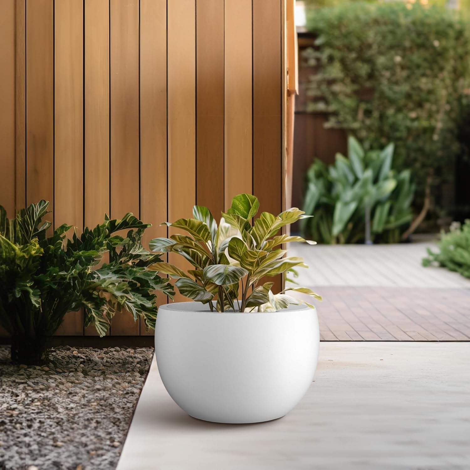 Kante 11.8" Dia Round Concrete Planter, Outdoor/Indoor Large Bowl Plant Pots with Drainage Hole and Rubber Plug for Garden Patio Balcony Home, Pure White-VerdiqueGarden