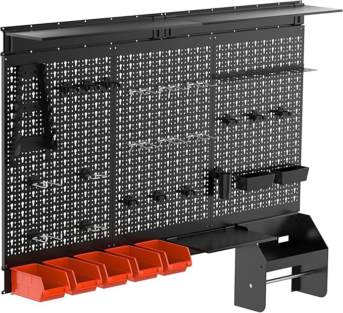TORACK Metal Pegboard Wall Organizer 4ft Wide, Tool Storage Pegboard System for Garage with Accessories, Wall Mount Storage Bins, Shelves, Peg board Tool Organizer Kit for Workbench(Black)-VerdiqueGarden