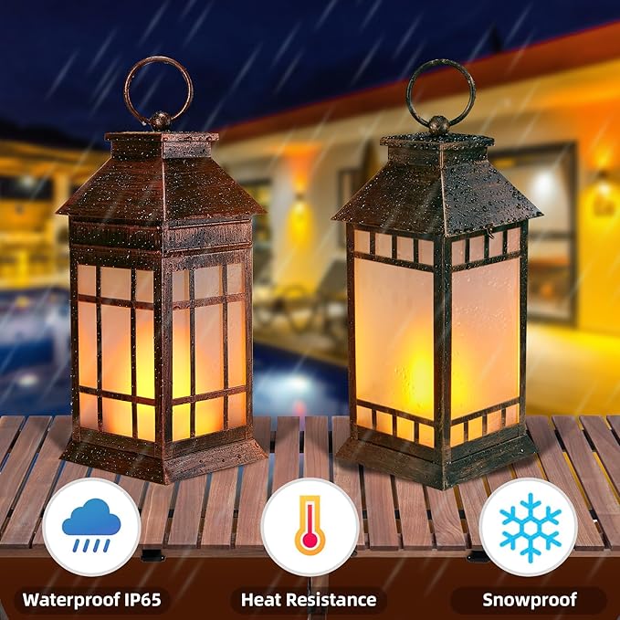 18'' Glass Solar Lantern Outdoor Waterproof, Large Hanging Solar Lanterns with Flickering Flame Lights, Metal Outdoor Lantern Decorative for Patio Garden Backyard Tabletop, Vintage Bronze-VerdiqueGarden