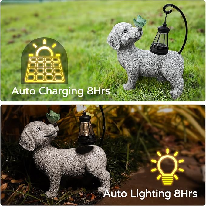 Solar Garden Outdoor Statues Dog with Butterfly Solar Lantern, Lawn Decor Puppy Figurine for Patio Balcony Yard, Yard Unique Christmas Birthdays Gift for Mom Grandma-VerdiqueGarden