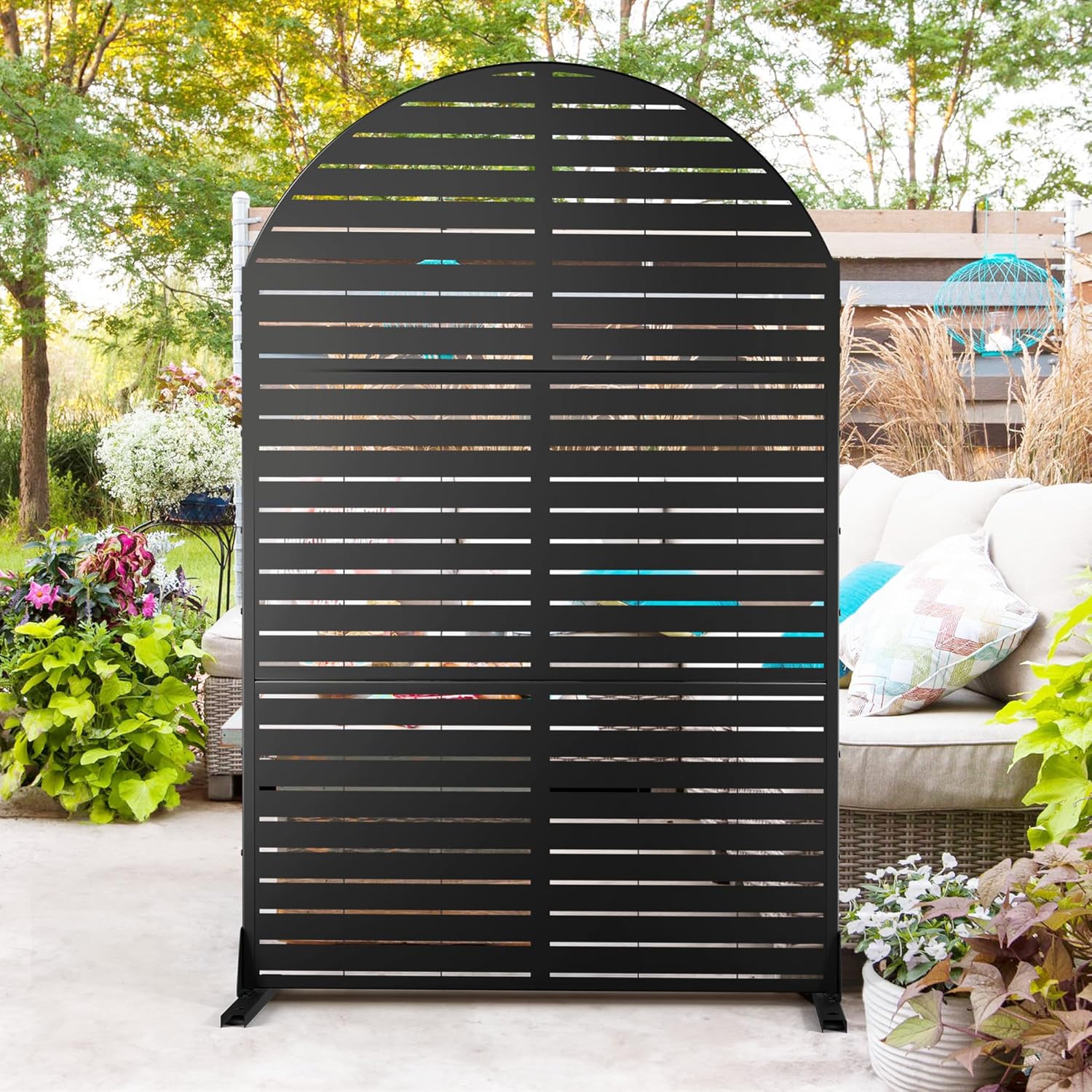 Metal Privacy Screen Outdoor 72" H×47" W,Freestanding Decorative Privacy Screen for Balcony Yard&Garden, Arched Privacy Fence-Black&Louvered-VerdiqueGarden