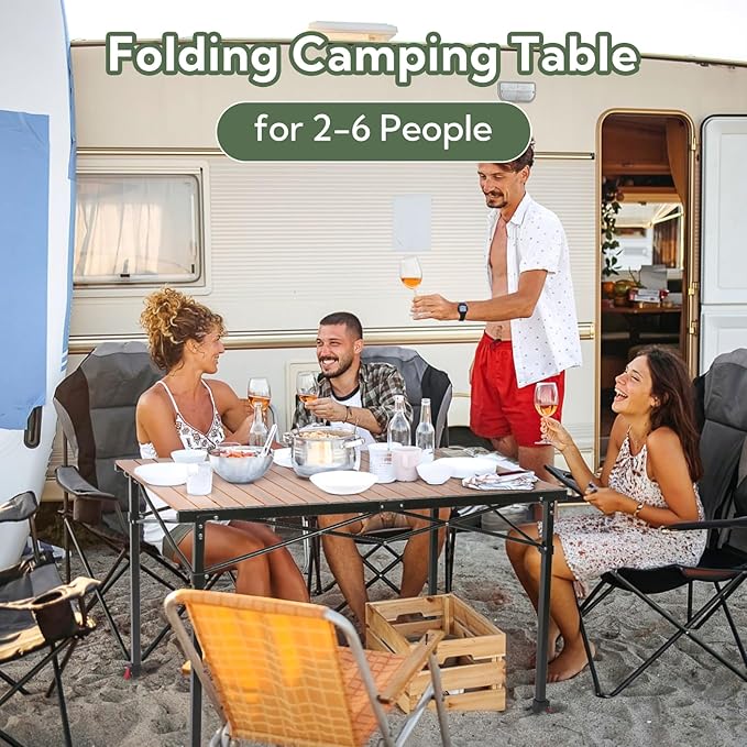 Portable Outdoor Adjustable Height Camping Table, Large for 2-6 Person, Foldable Roll-up Aluminum Camp Table with Carry Bag for Picnic, Camp, Sturdy, Stable, Loads 220 Lbs-VerdiqueGarden