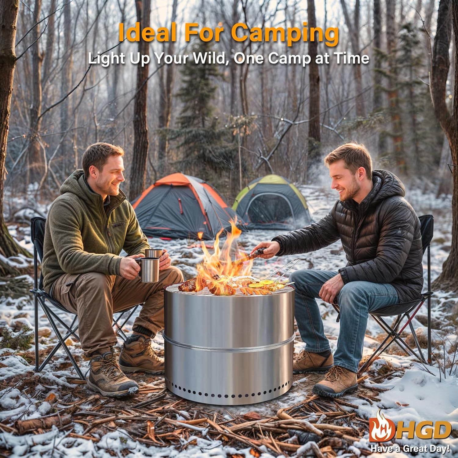 HGD 20 Inch Smokeless Firepit with Grill, Portable Wood Burning Fire Pit for Camping & Backyard, Stainless Steel Outdoor Fireplace with Travel Bag, Easy Setup & Compact Storage - Foldable Design-VerdiqueGarden