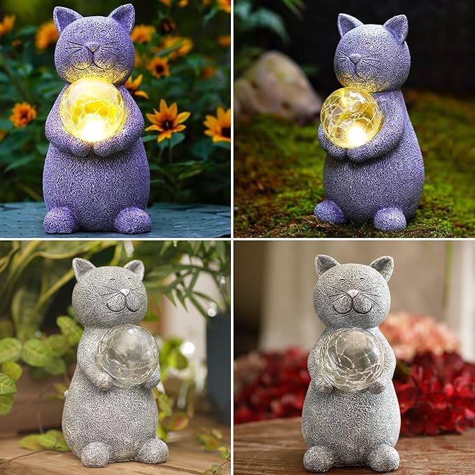 Solar Cat Statue - Garden Decor with LED Lights, Perfect for Mom or Grandma (Gray Cat)-VerdiqueGarden