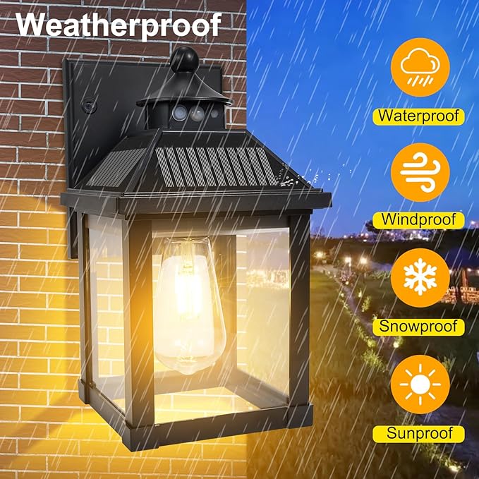 Solar Wall Lights Outdoor, Dusk to Dawn Motion Sensor Lights Waterproof, Solar Porch Lights with 3 Modes & Motion Sensor, Lantern Light Fixture for Patio Garage Entryway Garden-VerdiqueGarden