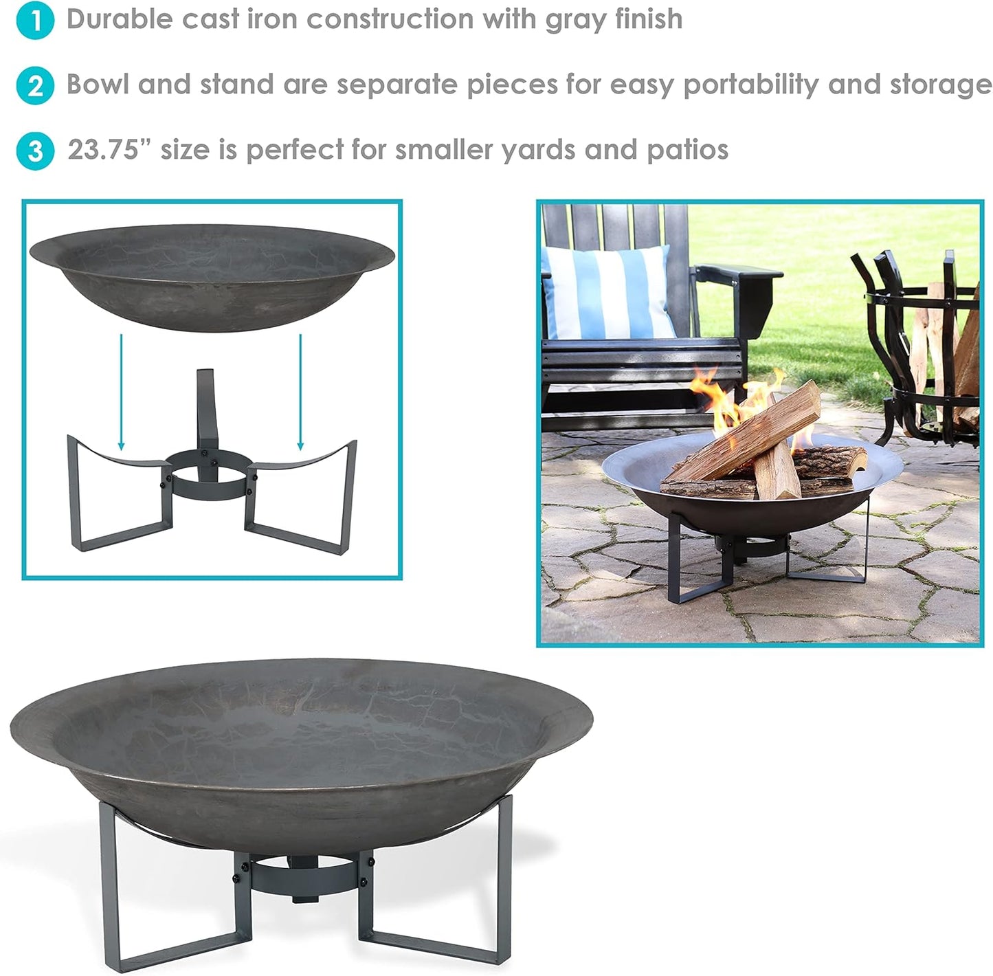 Sunnydaze 24-Inch Cast Iron Modern Fire Pit Bowl with Stand - Lightweight and Portable Design-VerdiqueGarden