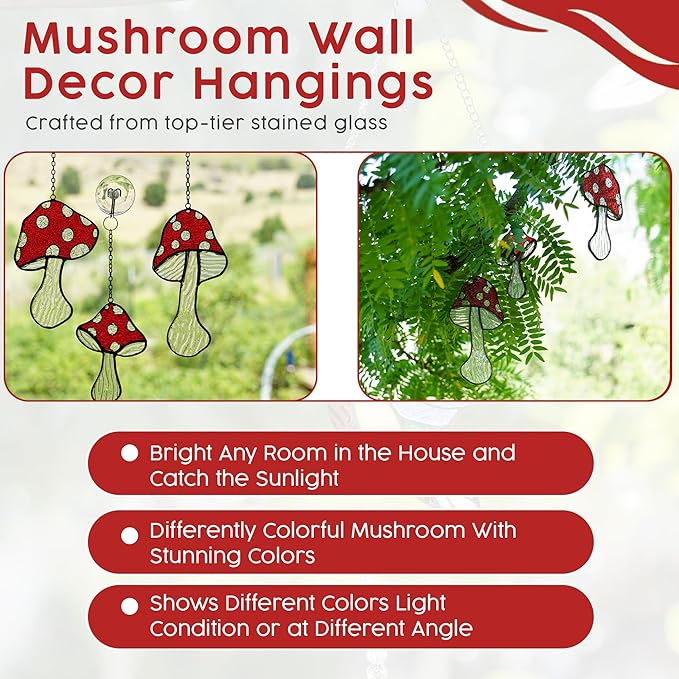 SENSORY4U Fly Agaric Hand-Painted Mushroom Stained Glass Suncatcher 3-Pack - Moon and Toadstool Window Hanging Ornaments - Nature-Inspired Home Décor for Plant and Mushroom Lovers-VerdiqueGarden