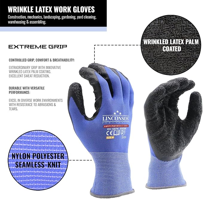 linconson 12 Pack Safety Performance Series Construction Mechanics Wrinkle Latex Work Gloves-VerdiqueGarden