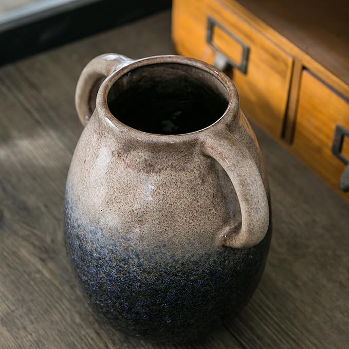 Brown Gradient Ceramic Vase with 2 Handles, Modern Farmhouse Decor, Rustic Terracotta Pottery, Decorative Flower Vases, Clay Small Vase, Centerpiece for Dining Table - 7 Inch Tall-VerdiqueGarden
