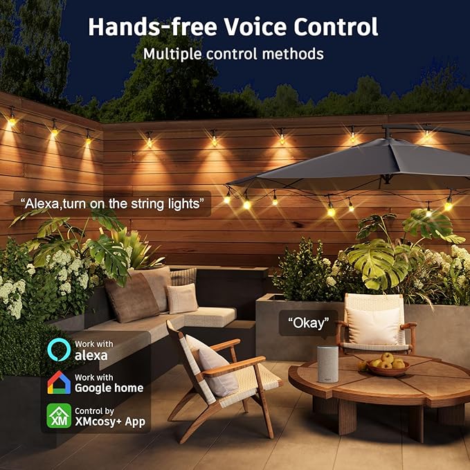 XMCOSY+ Smart Outdoor String Lights - 123ft RGBCWIC Patio Lights with 40 Color Changing Bulbs, LED String Light for Outside Backyard Bistro Party, APP WiFi Control, Work with Alexa, IP65 Waterproof-VerdiqueGarden