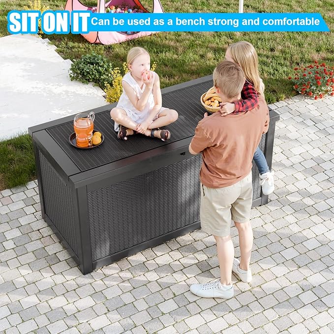 260 Gallon Large Resin Deck Box, Lockable Outdoor Storage Box for Patio Cushions Storage Furniture,Garden Tools, Pool Supplies, Weatherproof and UV Resistant-Black Rattan (260 Gallon)-VerdiqueGarden