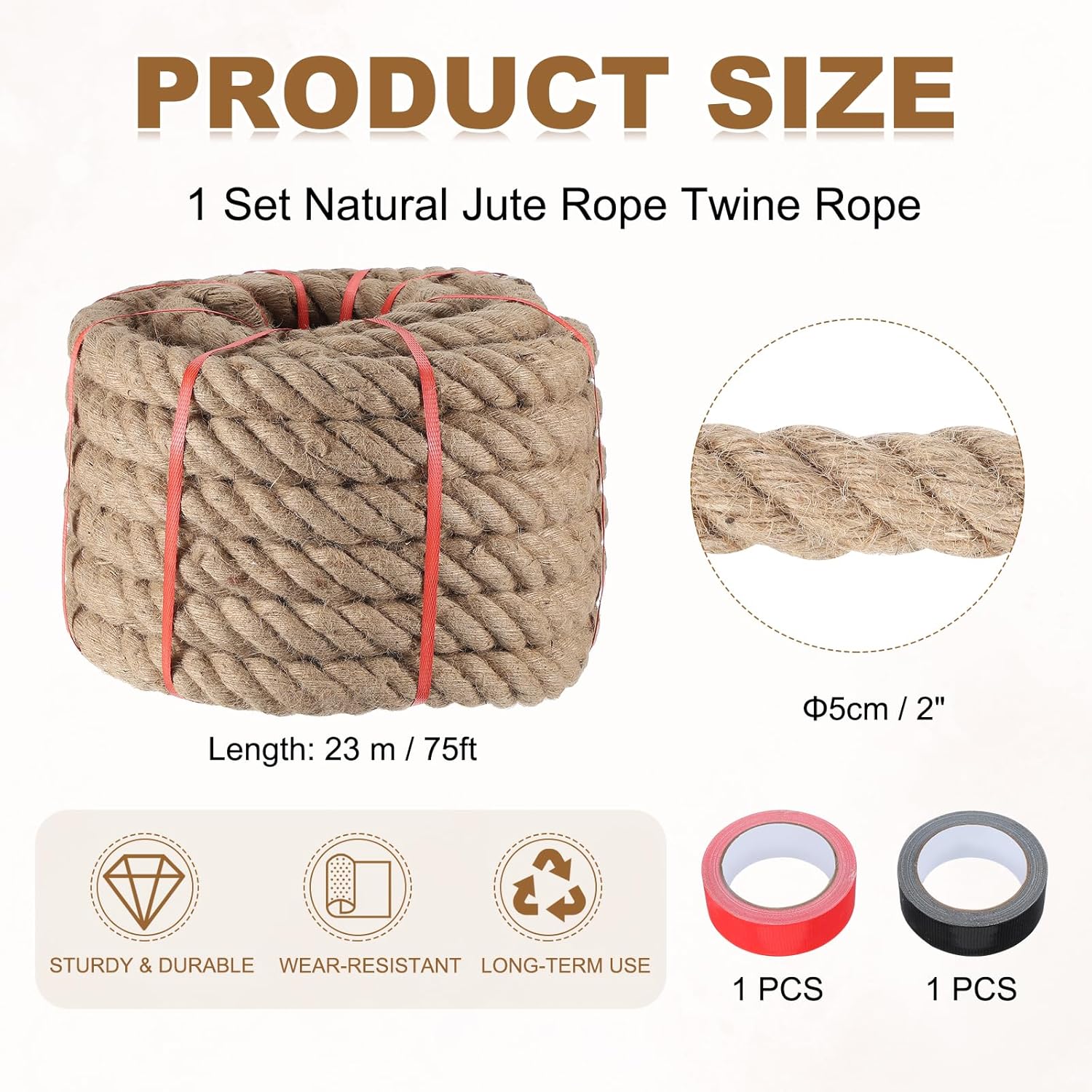 MECCANIXITY Jute Rope 2 Inch x 75ft, Thick Twine Rope Ropes Braided Jute Twine Natural Brown Burlap Cord String Heavy Twisted with Tapes for Decorative Crafts Railing Swing Tug of War-VerdiqueGarden
