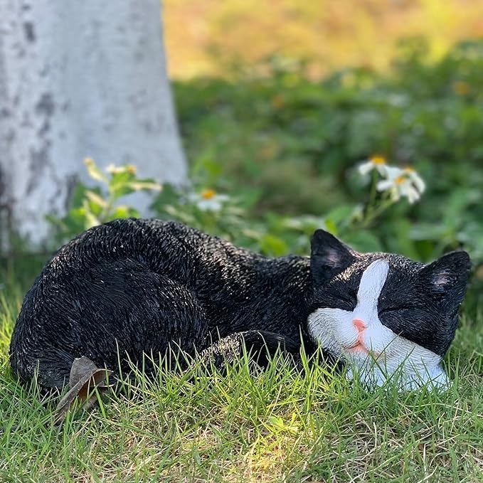 Cat Statue Outdoor Cat Figurines Garden Decor, Black Cat Statue Figurine Decor Sculpture for Patio, Yard, Sleeping Cat Statues for Indoor Table Accessory, Gift for Mom-VerdiqueGarden