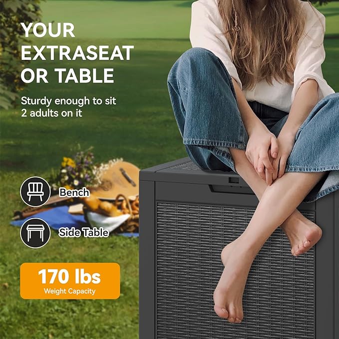 NUNU LAB 30 Gallon Waterproof Outdoor Storage Box, Lockable Resin Deck Box Bench for Patio Cushions, Garden Tools, Pool Accessories & Package Deliveries – Black-VerdiqueGarden