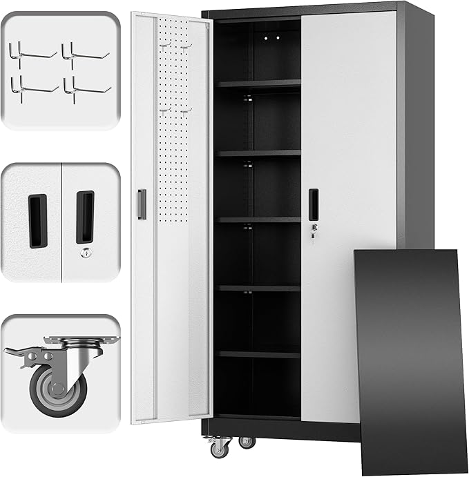 Metal Garage Storage Cabinet with Wheels & Pegboard, Lockable Metal Storage Cabinets with 2 Doors&5 Adjustable Shelves for Garage&Home,Assembly Required,Black Gray 71''H x32''W x16''D-VerdiqueGarden