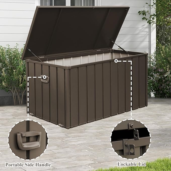 Domi Deck Box 190 Gallon, Waterproof Lockable Steel Outdoor Storage Container for Outside Cushions, Garden Tools and Pools Equipment, Brown-VerdiqueGarden